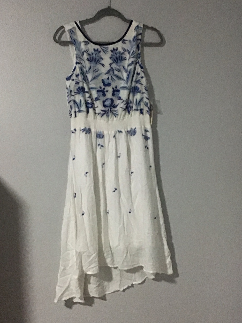 White Midi Dress with Blue Floral Embroidery